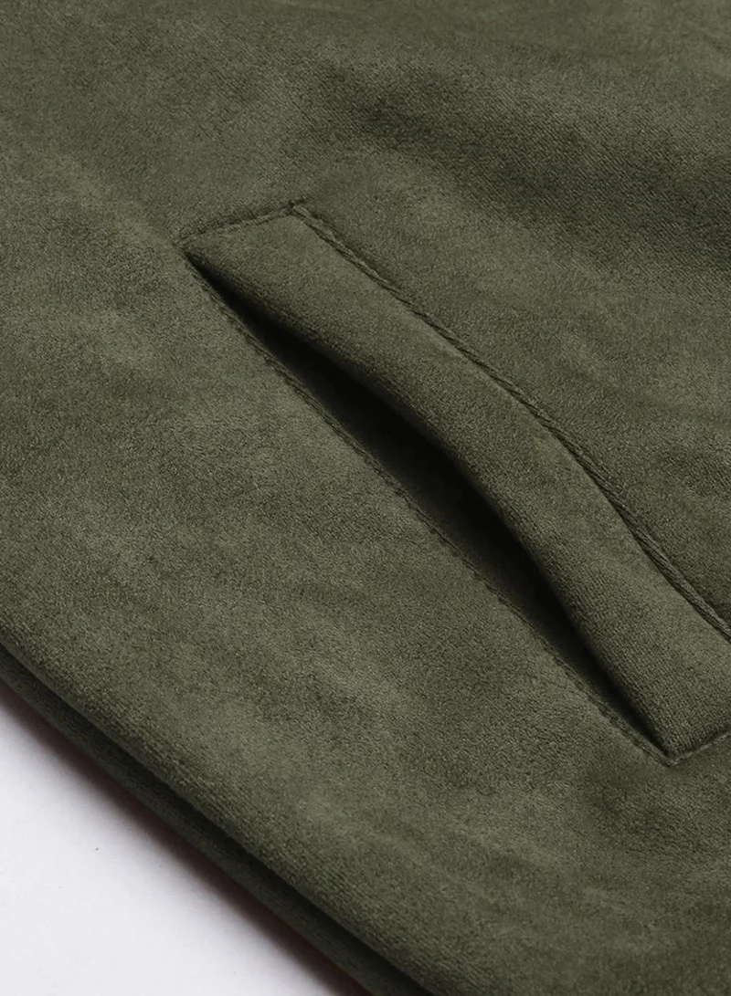 Campus Sutra Men's Army Green Fur-Lined Suede Bomber Jacket