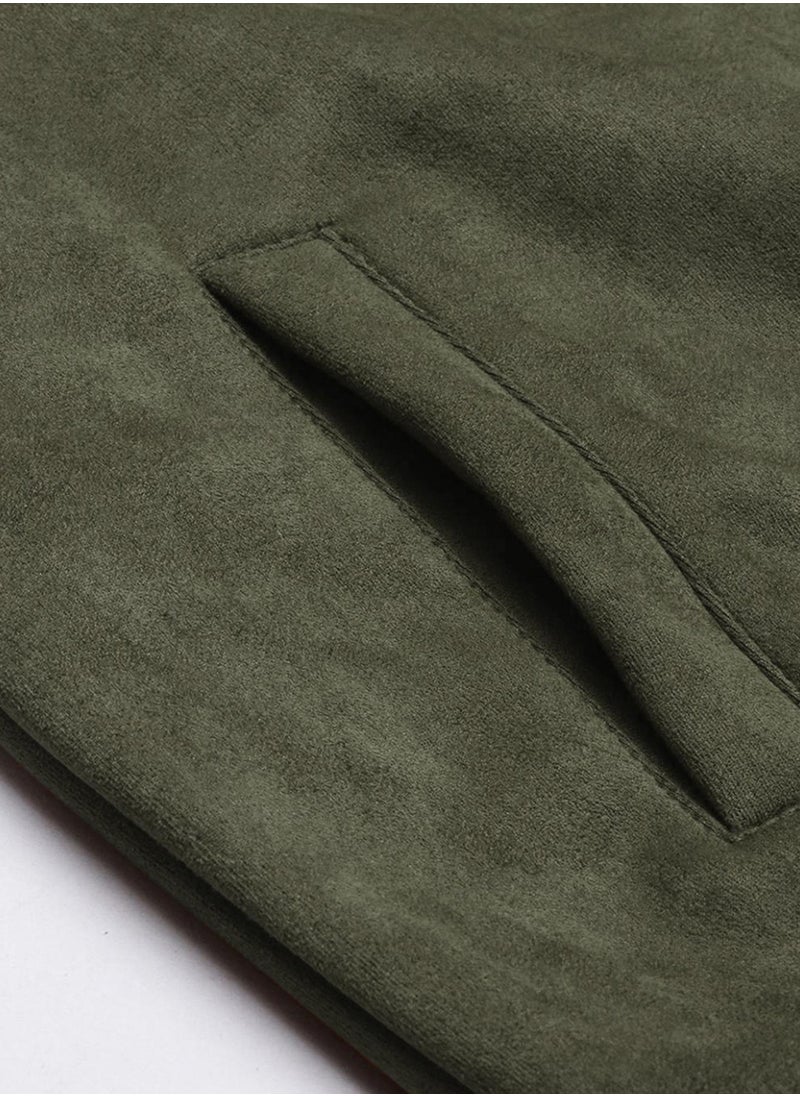 Campus Sutra - Men's Army Green Fur-Lined Suede Bomber Jacket - Image 1