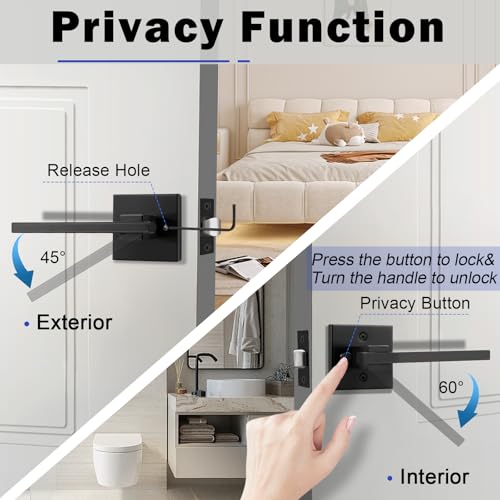 Orger 2 Pack Square Interior Door Handle Bedroom Bathroom Privacy Door Lever Matte Black Interior Door Lock for Left Right Side Doors Modern Keyless Privacy Door Handle Stainless Steel - Image 3