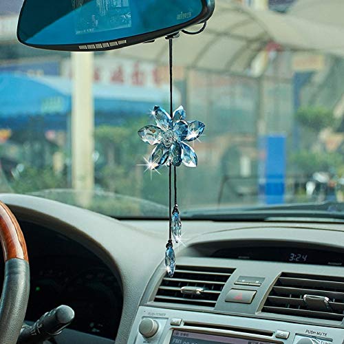 ATMOMO Crystal Flower Car Rear View Mirror Pendant - Blue Car Hanging Ornament Lucky Accessory - Image 3