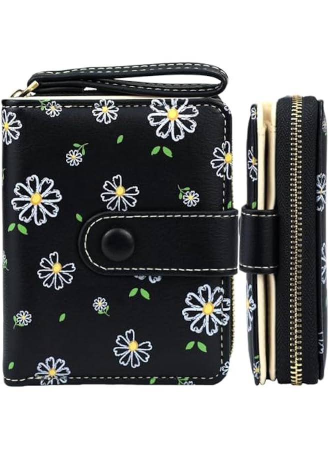 1Pcs Cute Wallet Wen Black Small Wallets Coin Purse Minimalist Flower Design Wen's Travel Wallets Leather Credit Card Holder with ID Window Kawaii Cash Wallet for Wen Ladies and Girls - Image 1