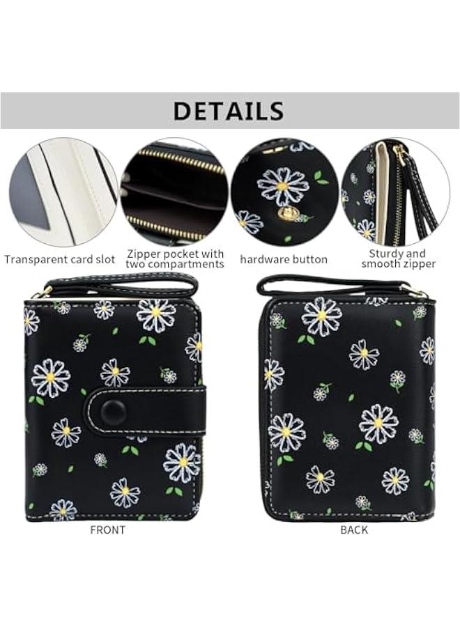 1Pcs Cute Wallet Wen Black Small Wallets Coin Purse Minimalist Flower Design Wen's Travel Wallets Leather Credit Card Holder with ID Window Kawaii Cash Wallet for Wen Ladies and Girls - Image 5