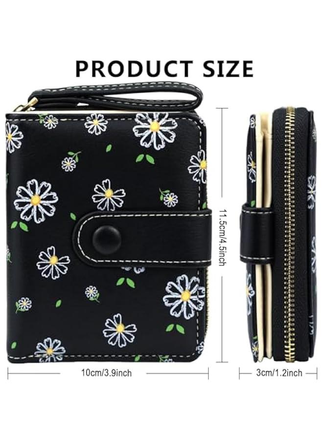 1Pcs Cute Wallet Wen Black Small Wallets Coin Purse Minimalist Flower Design Wen's Travel Wallets Leather Credit Card Holder with ID Window Kawaii Cash Wallet for Wen Ladies and Girls - Image 4