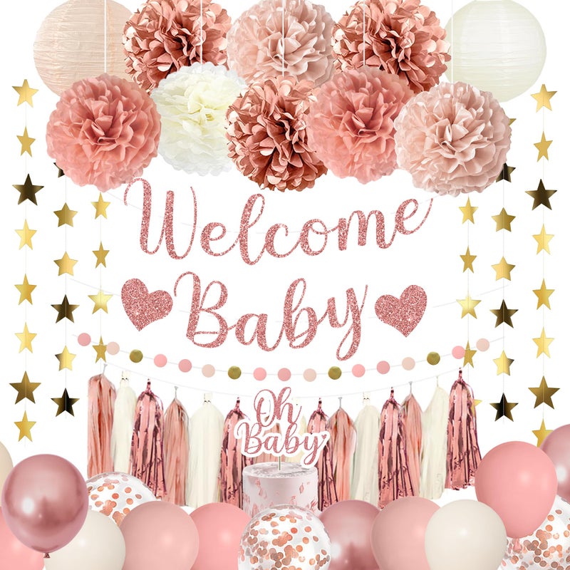 Amandir Dusty Pink Girl Baby Shower Decorations Welcome Baby Banner, Cake Topper, Paper Lanterns, Gold Balloons Pom Poms Flowers Tassels, Circle Dots Star Garland Gender Reveal Birthday Party Supplies - Image 1