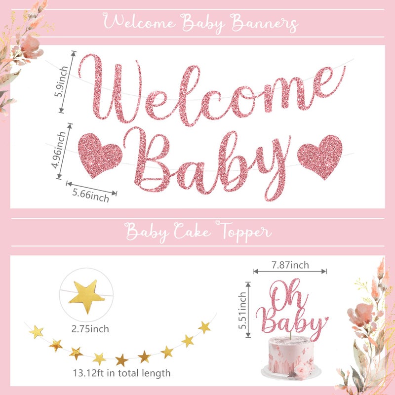 Amandir Dusty Pink Girl Baby Shower Decorations Welcome Baby Banner, Cake Topper, Paper Lanterns, Gold Balloons Pom Poms Flowers Tassels, Circle Dots Star Garland Gender Reveal Birthday Party Supplies - Image 3