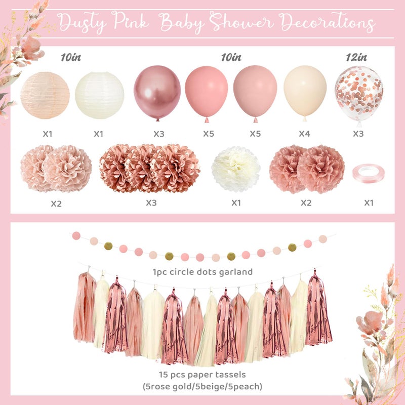 Amandir Dusty Pink Girl Baby Shower Decorations Welcome Baby Banner, Cake Topper, Paper Lanterns, Gold Balloons Pom Poms Flowers Tassels, Circle Dots Star Garland Gender Reveal Birthday Party Supplies - Image 2