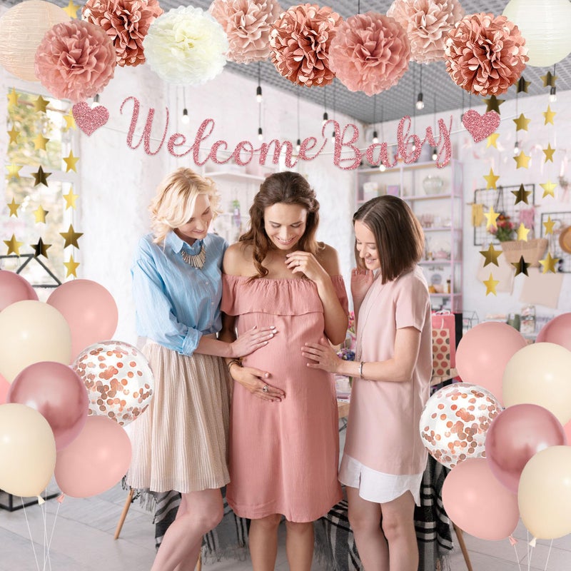 Amandir Dusty Pink Girl Baby Shower Decorations Welcome Baby Banner, Cake Topper, Paper Lanterns, Gold Balloons Pom Poms Flowers Tassels, Circle Dots Star Garland Gender Reveal Birthday Party Supplies - Image 5