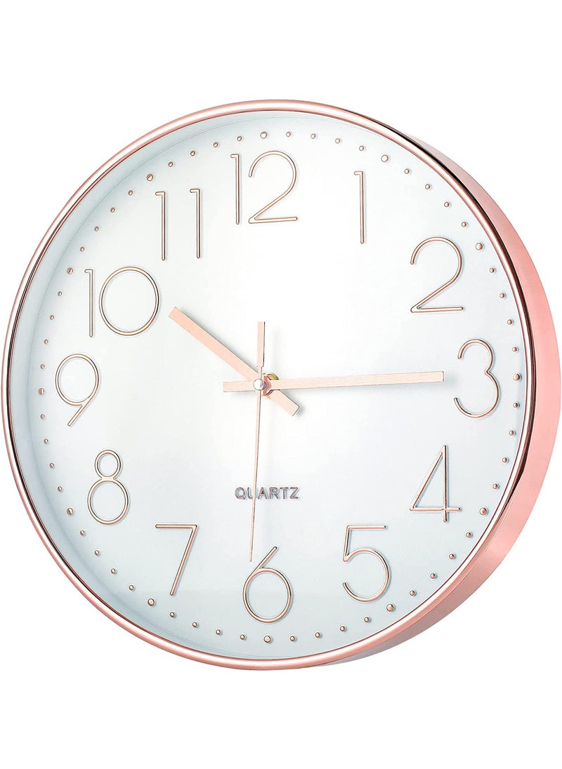 CASTANEA - castanea Wall Clock 12 Inch Non-Ticking Silent Round Wall Clock Modern Simple Style Decorative Easy to Read Clock for Bedroom Living Room School Home Office Kitchen Decor (White Rose Gold) - Image 1
