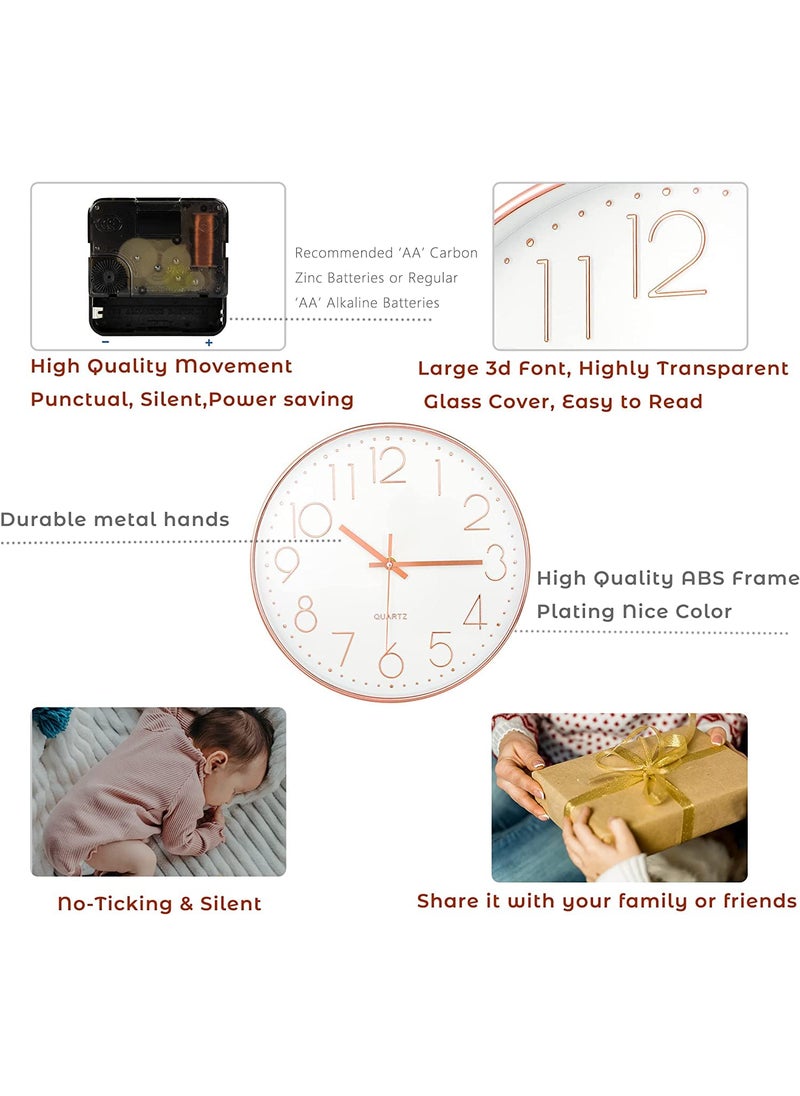 CASTANEA - castanea Wall Clock 12 Inch Non-Ticking Silent Round Wall Clock Modern Simple Style Decorative Easy to Read Clock for Bedroom Living Room School Home Office Kitchen Decor (White Rose Gold) - Image 1