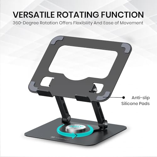 Portronics My Buddy A1, Metal Tablet Stand, 360° Rotating Base, Height & Angle Adjustable, Supports Up to 12 Inch Tablets & 5Kg Load, Foldable & Portable, Anti-Slip Pads (Grey) - Image 5