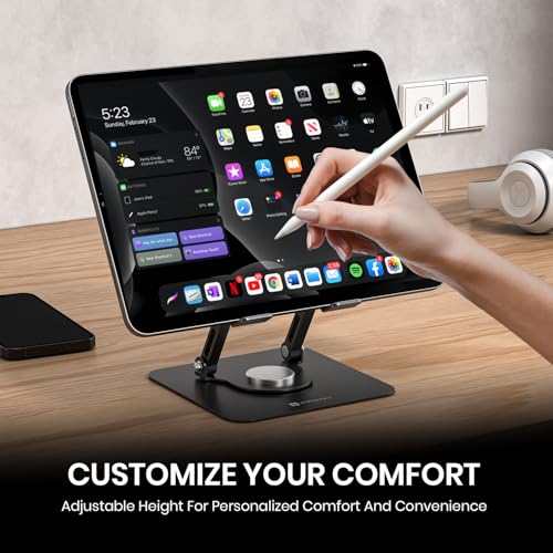 Portronics My Buddy A1, Metal Tablet Stand, 360° Rotating Base, Height & Angle Adjustable, Supports Up to 12 Inch Tablets & 5Kg Load, Foldable & Portable, Anti-Slip Pads (Grey) - Image 2