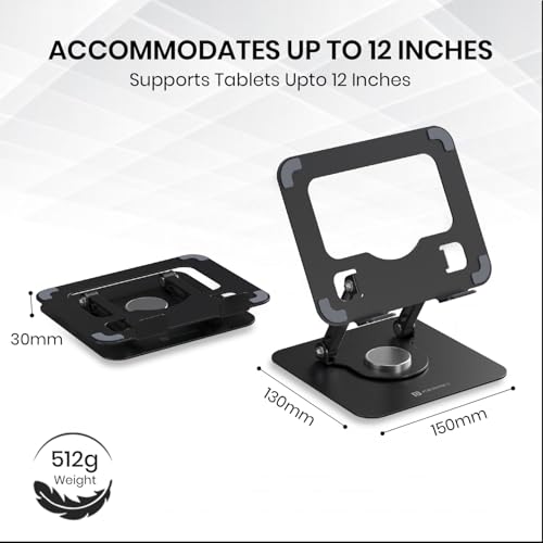 Portronics My Buddy A1, Metal Tablet Stand, 360° Rotating Base, Height & Angle Adjustable, Supports Up to 12 Inch Tablets & 5Kg Load, Foldable & Portable, Anti-Slip Pads (Grey) - Image 4