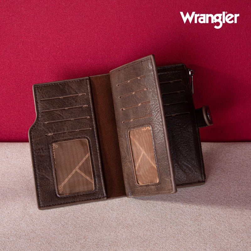 Wrangler محفظة رانجلر للنساء حافظة بطاقات قابلة للطي مع جيب بسحاب حقيبة كلاتش للسيدات مع نافذة هوية بني - Image 2