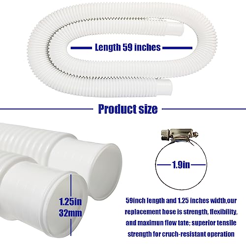 zhcoy 2 Pack Pool Pump Replacement Hose,1.25" Diameter, 59" Long Pool Filter Replacement Hoses for Above Ground Pools,Compatible with Intex Filter Pump 607, 637,Includes 4 Metal Clamps (white) - Image 2