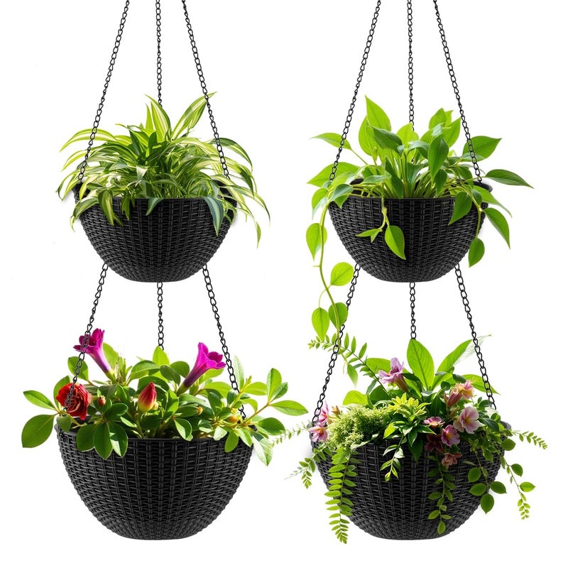 RooTrimmer Hanging Planters for Indoor Outdoor Plants 8 and 10 Inch, 4 Packs Hanging Flower Pot with Drainage Holes, Self-Watering Hanging Basket Perfect for Home, Office and Garden, Black - Image 1