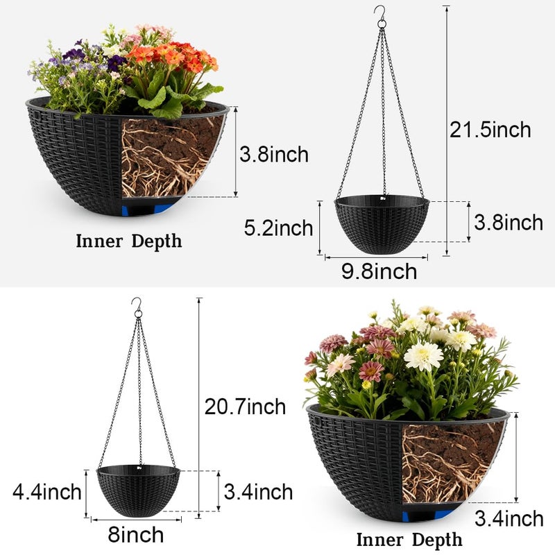RooTrimmer Hanging Planters for Indoor Outdoor Plants 8 and 10 Inch, 4 Packs Hanging Flower Pot with Drainage Holes, Self-Watering Hanging Basket Perfect for Home, Office and Garden, Black - Image 2