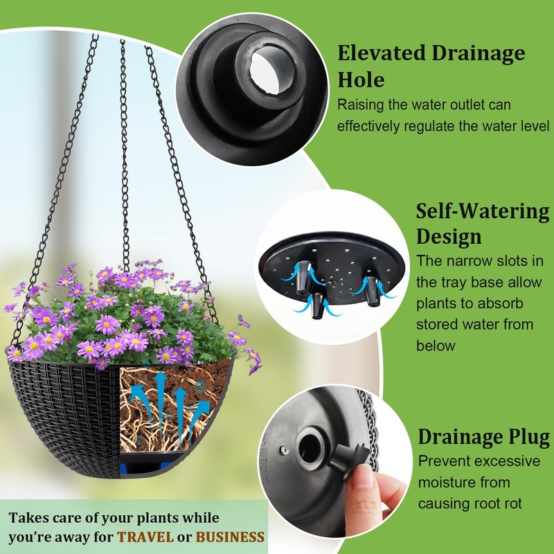 RooTrimmer Hanging Planters for Indoor Outdoor Plants 8 and 10 Inch, 4 Packs Hanging Flower Pot with Drainage Holes, Self-Watering Hanging Basket Perfect for Home, Office and Garden, Black - Image 3