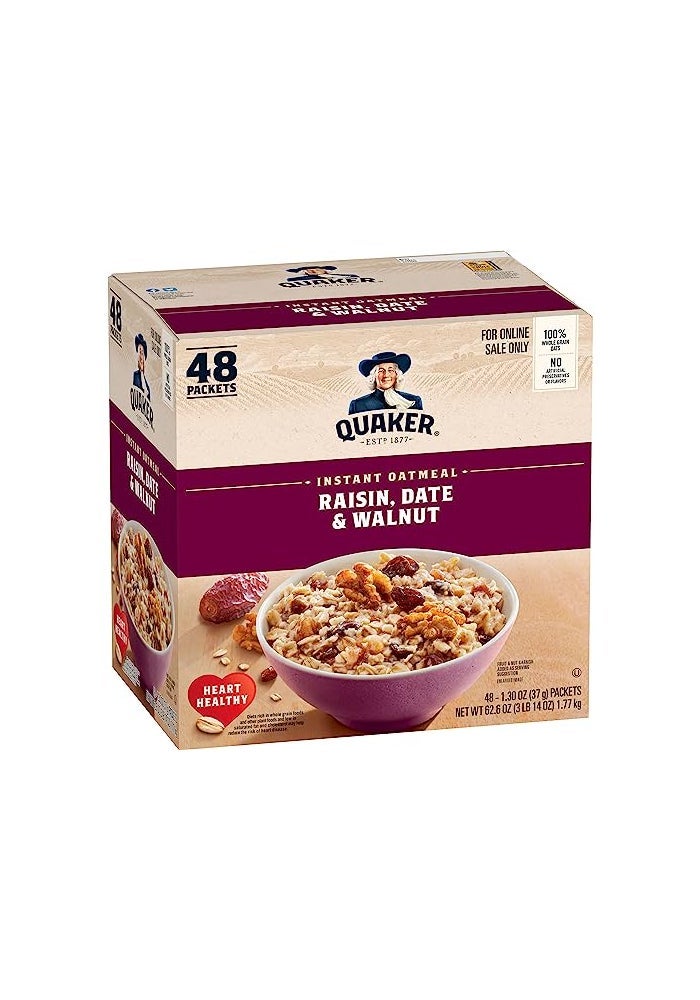 Quaker Instant Oatmeal, Raisin, Date and Walnut, Individual Packets, 1.30 Ounce (Pack of 48)