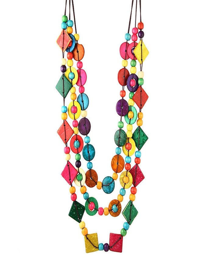 أن.سي قلادة بوهيمية من خشب قشرة جوز الهند، مصنوعة يدويًا، قلادة خشبية عرقية مزينة بالخرز، قلادة طويلة متعددة الطبقات ملونة للنساء، مجوهرات العطلات - ألوان زاهية - Image 1