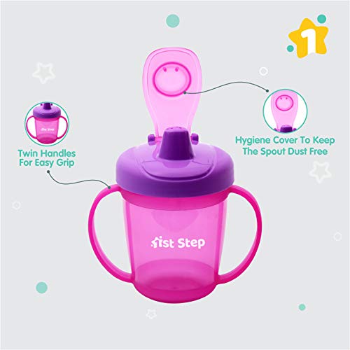 1ST STEP BPA Free Anti-Spill Hard Spout Baby Sipper Cup with Twin Handle & Cover - 250ml (Pink) - Image 2