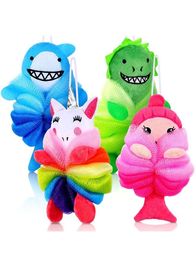 Tatuo 4 Pieces Animal Bath Loofahs Kids Body Loofahs Cartoon Shower Loofahs Cute Bath Sponges Pouf Body Scrubbers Mesh Loofah Sponges for Children Shower Baby Washing Exfoliating, 4 Styles (Vivid Style) - Image 1