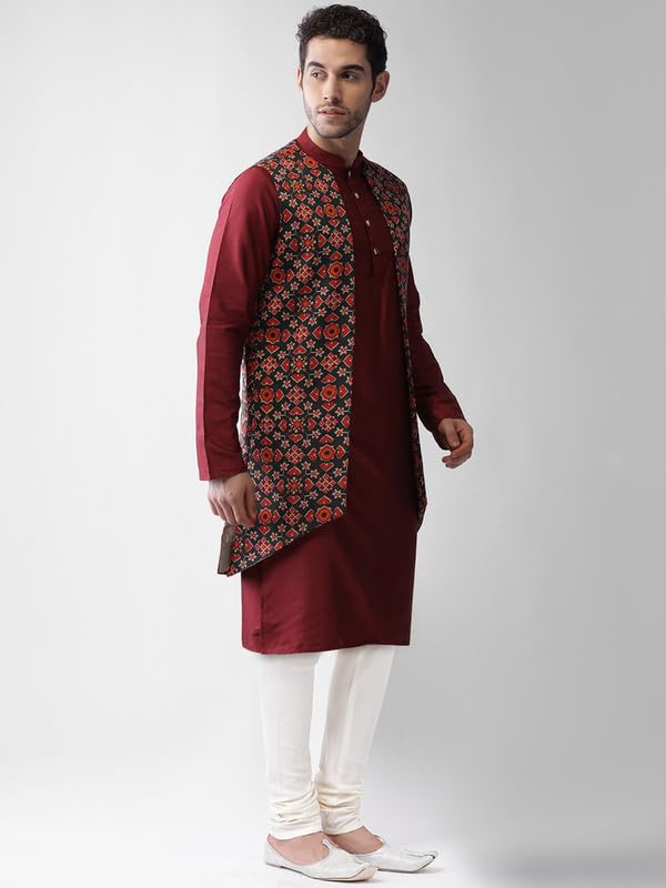 KISAH Men's Kurta Jacket Churidar Set, Multi Cotton Blend, Printed Regular Fit Mandarin Collar Full Sleeves (38) - Image 2