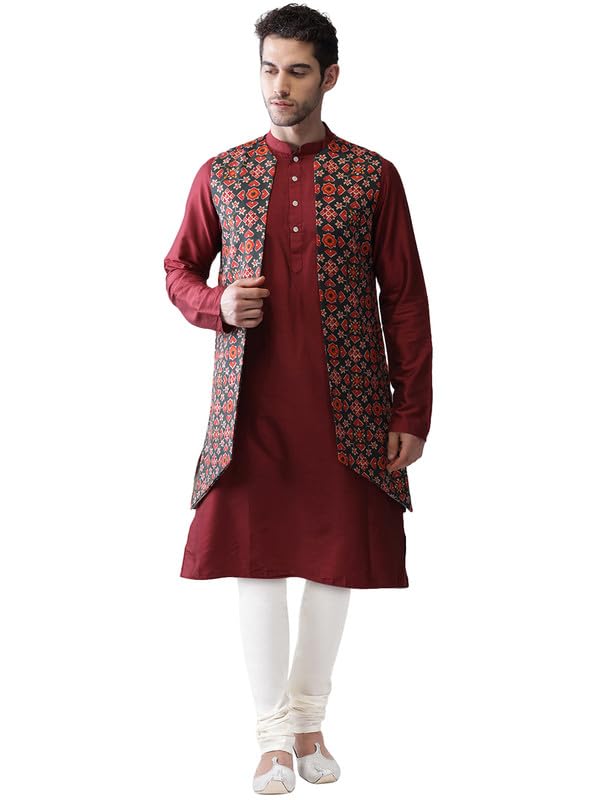 KISAH Men's Kurta Jacket Churidar Set, Multi Cotton Blend, Printed Regular Fit Mandarin Collar Full Sleeves (38) - Image 1