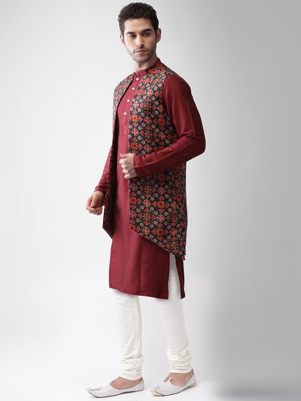KISAH Men's Kurta Jacket Churidar Set, Multi Cotton Blend, Printed Regular Fit Mandarin Collar Full Sleeves (38) - Image 3