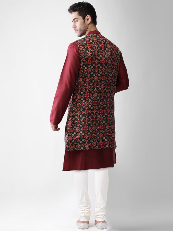 KISAH Men's Kurta Jacket Churidar Set, Multi Cotton Blend, Printed Regular Fit Mandarin Collar Full Sleeves (38) - Image 4