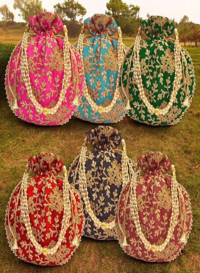 IGH Indian Ethnic Maroon Potli Bag Ladies Handbag for Bridal Batwa With Pearls Handle - Clutch for Women - Image 4