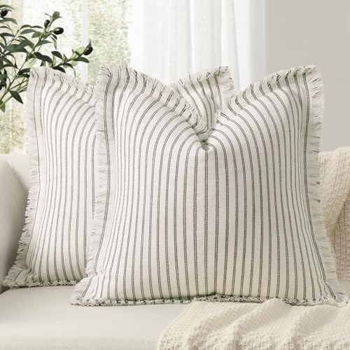 ZWJD Throw Pillow Covers 20x20 Set of 2 Striped Pillow Covers with Fringe Chic Cotton Decorative Pillows Square Cushion Covers for Sofa Couch Bed Living Room Farmhouse Decor Olive Green - Image 1