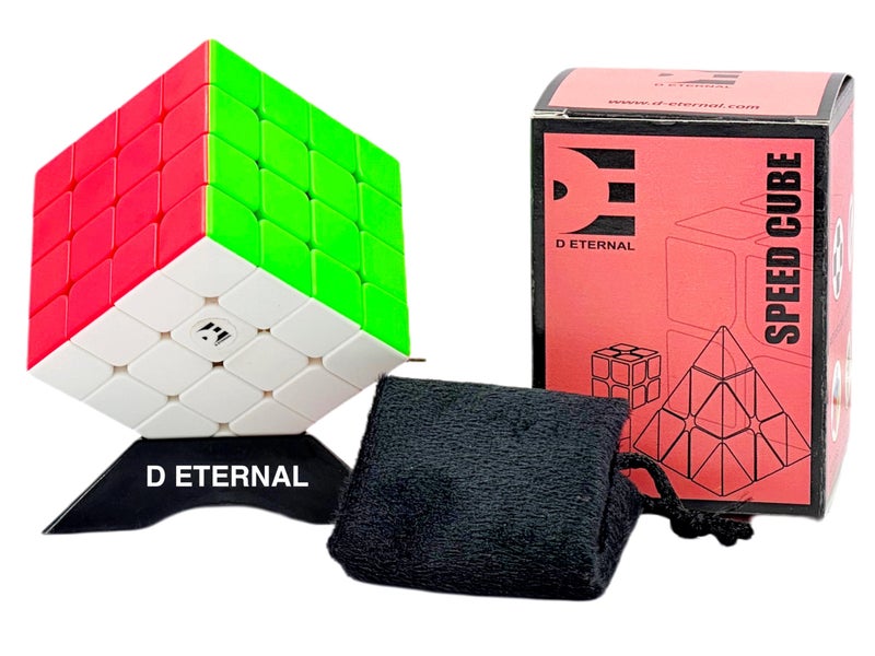 D ETERNAL Cube 4x4 Stickerless Beginner Speedcube for Kids & Adults with Stand and Protecting Pouch Bag Cube Combo Set (4x4+Stand+Bag) - Image 1