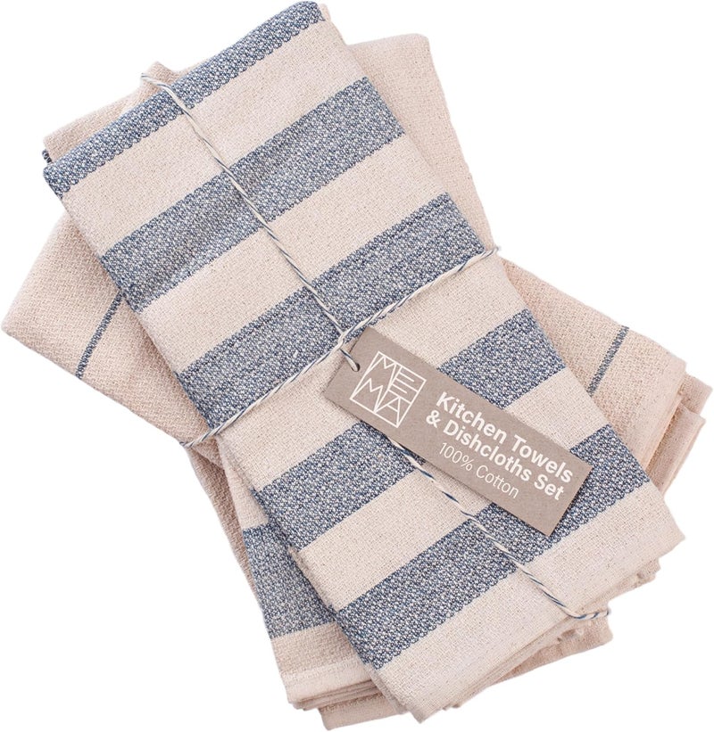 MEEMA Kitchen Towels and Dishcloths Sets of 4  Large 20 x 28 Inch  Upcycled Cotton Tea Towel  Super Absorbent Cotton Dish Towels for Kitchen  Blue Stripes  Hand Towels - Image 1