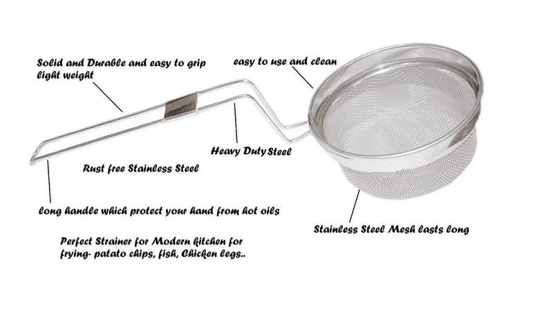 siddhmurti Stainless Steel Mesh Deep Fry Strainer Mesh Strainer poha jhara for Kitchen Wire Skimmer Spiral Mesh Puri Jhara with Professional Grade Handle Spoon Ladle for Pasta Chips 14 cm - Image 3