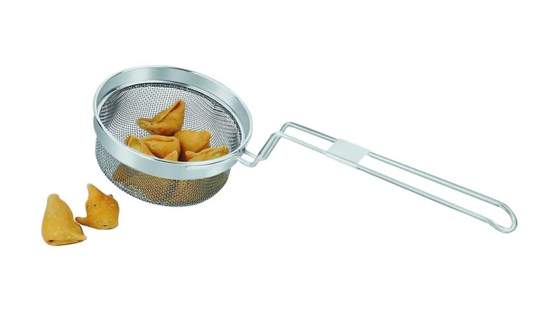 siddhmurti Stainless Steel Mesh Deep Fry Strainer Mesh Strainer poha jhara for Kitchen Wire Skimmer Spiral Mesh Puri Jhara with Professional Grade Handle Spoon Ladle for Pasta Chips 14 cm - Image 2