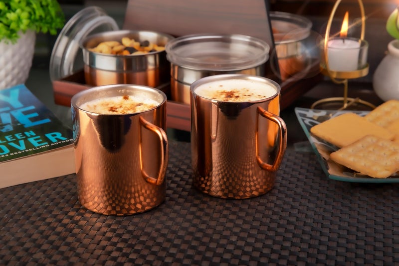 FNS Stainless Steel Coffee Mugs - Double Wall BPA Free - Tea Cup Wide Handle - Rose Gold Pack of 2 Cups - Image 1