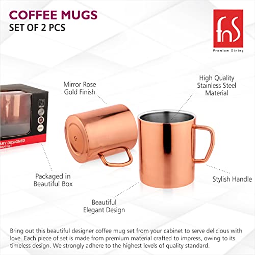 FNS Stainless Steel Coffee Mugs - Double Wall BPA Free - Tea Cup Wide Handle - Rose Gold Pack of 2 Cups - Image 5
