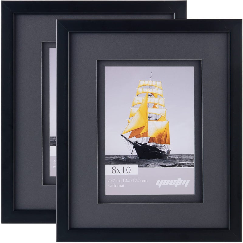 Yaetm 8x10 Double Floating Mat Picture Frame Set of 2  Display Picture 5x7 with black Double Mat  Polished High Definition Real Glass  Tabletop & Wall Mounting Photo Frames  Black - Image 1