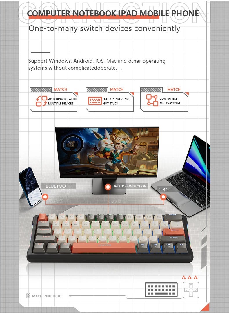 LEAVEN - K610 2.4G Wired Wireless Gaming Keyboard,61 Keys Red Switches Machanical Keyboard with RGB Backlit - Image 1
