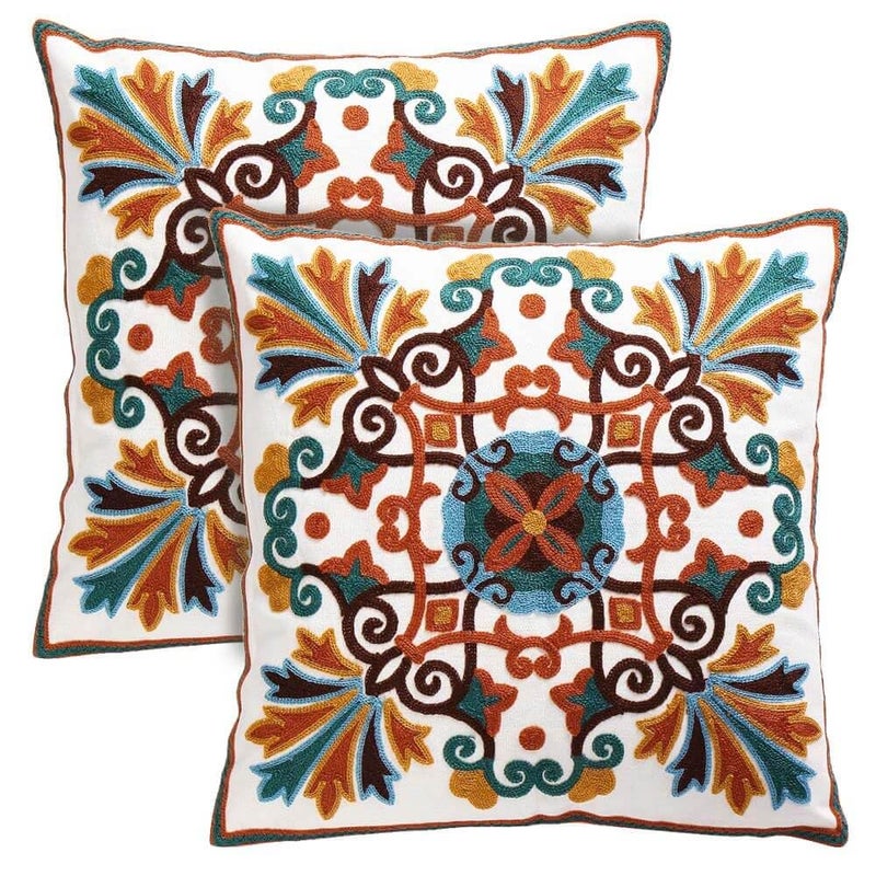 Oneslong Throw Pillow Covers for Couch 18x18 inches Set of 2 Embroidered Pattern Decorative Pillows Case Cover for Living Room Sofa Bed Chair