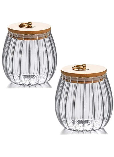 1Chase Borosilicate Glass Storage Jar With Airtight Bamboo Lid and Metal Handle (Set Of 2) , 700ML Oval