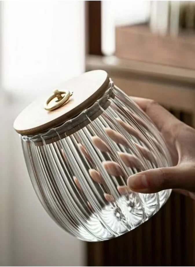 1Chase Borosilicate Glass Storage Jar With Airtight Bamboo Lid and Metal Handle (Set Of 2) , 700ML Oval