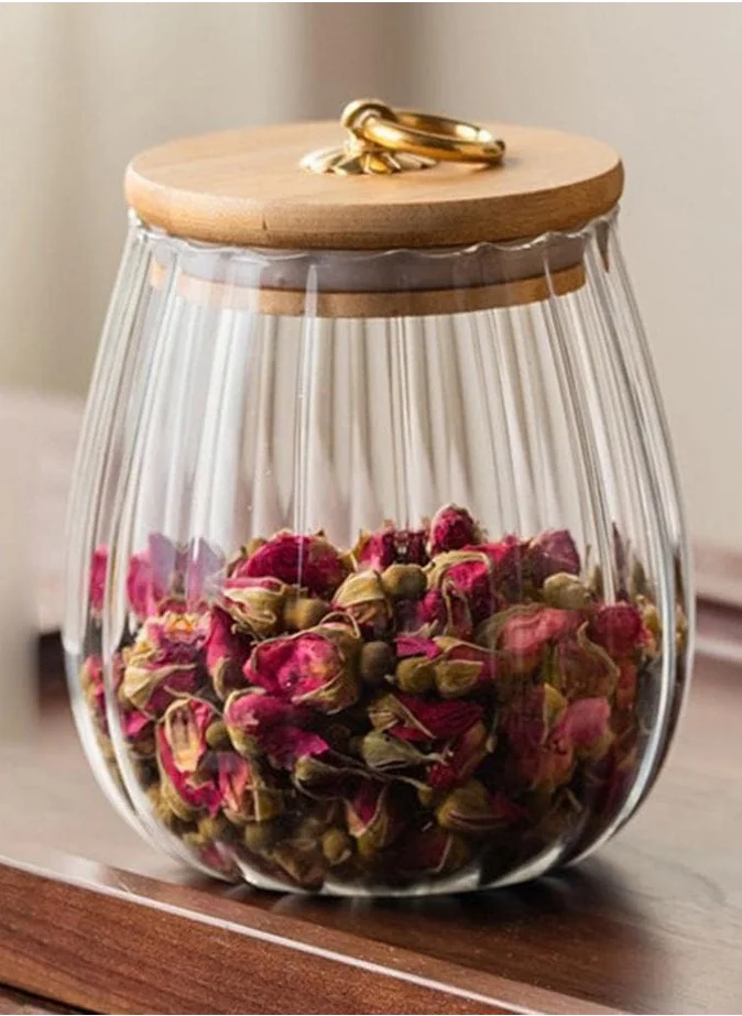 1Chase Borosilicate Glass Storage Jar With Airtight Bamboo Lid and Metal Handle (Set Of 2) , 700ML Oval