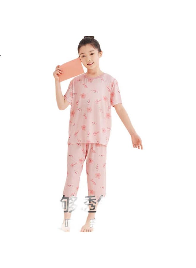 Red Bean Children'S Pajamas Yukesi 5A Antibacterial Short Sleeve Seven-Point Pants Boys And Girls Air-Conditioned Home Clothes J3312 Sakura Pink 120 - Image 1