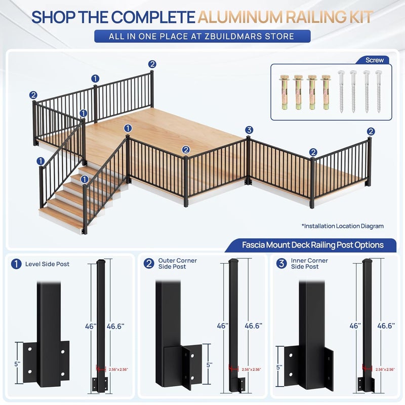 Egadis 1 Pack 2.56 in. x 2.56 in. x 46 in. Aluminum Side Mount Railing Post for 36" Stair or Level Railing Kit, Black Textured Powder-Coat Finish Fascia Mount Post Inner Corner Side Post - Image 3