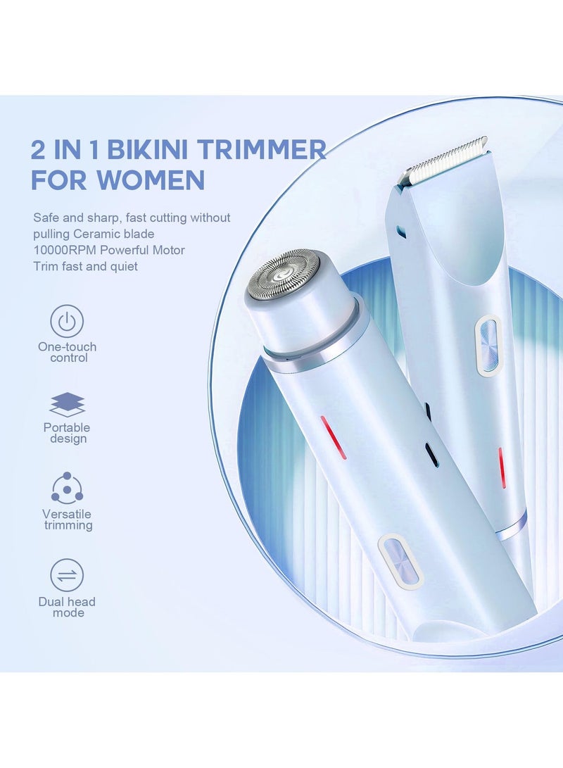2-in-1 Bikini Trimmer for Women, Shaver for Women, Electric Razors for Women, Women's Electric Razor Shaver, Waterproof Wet Dry Hair Remover for Ladies Pubic, Legs, Face, Underarms (Blue)) - Image 2