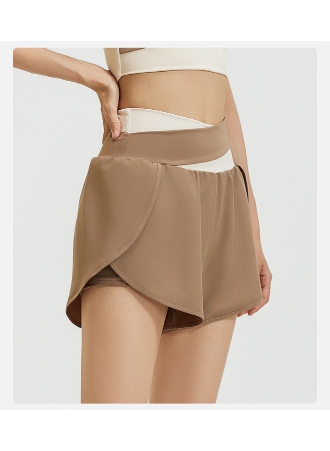 Colorblocking Fake Two Piece Yoga Shorts Nude Anti-Shine Sports Shorts Running Fitness Pants Female - Image 3