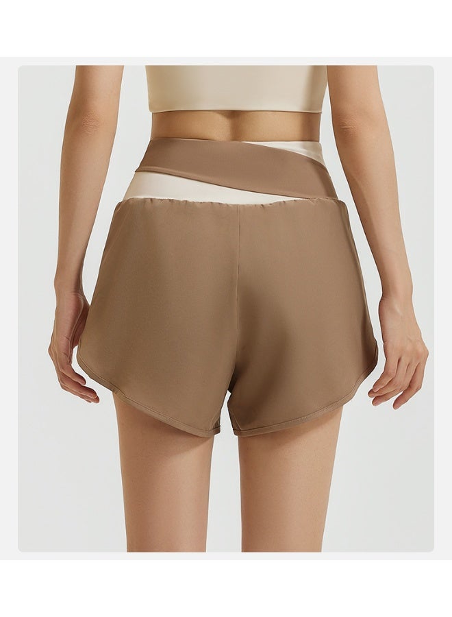 Colorblocking Fake Two Piece Yoga Shorts Nude Anti-Shine Sports Shorts Running Fitness Pants Female - Image 4