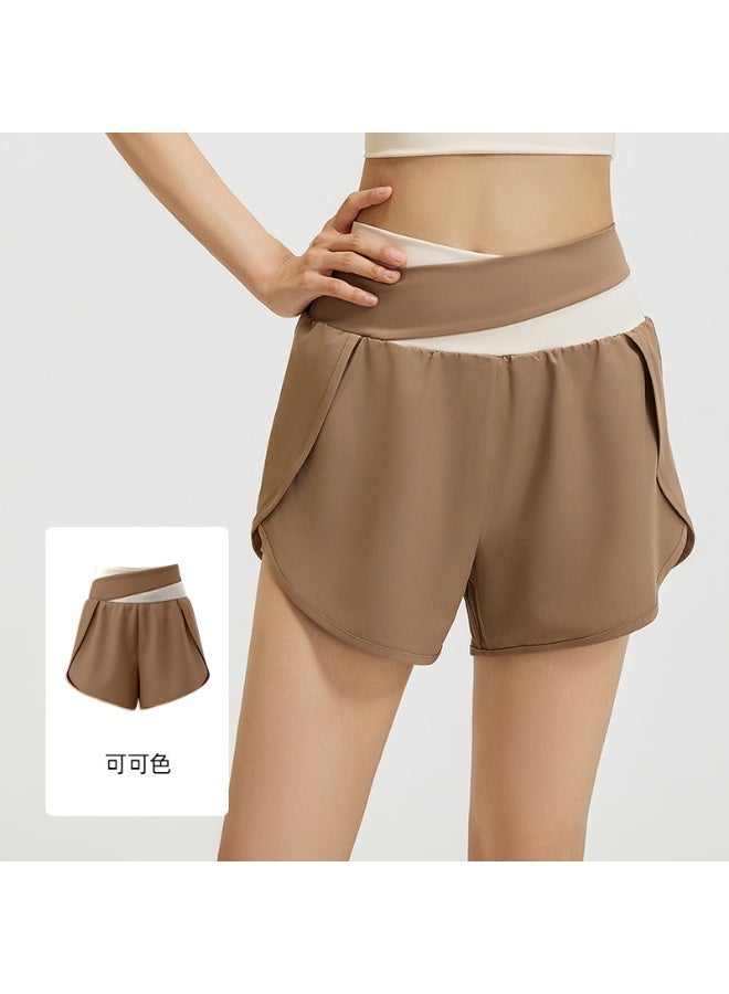 Colorblocking Fake Two Piece Yoga Shorts Nude Anti-Shine Sports Shorts Running Fitness Pants Female - Image 1