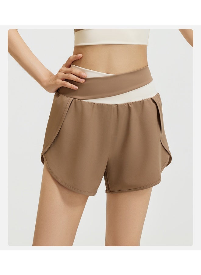 Colorblocking Fake Two Piece Yoga Shorts Nude Anti-Shine Sports Shorts Running Fitness Pants Female - Image 2